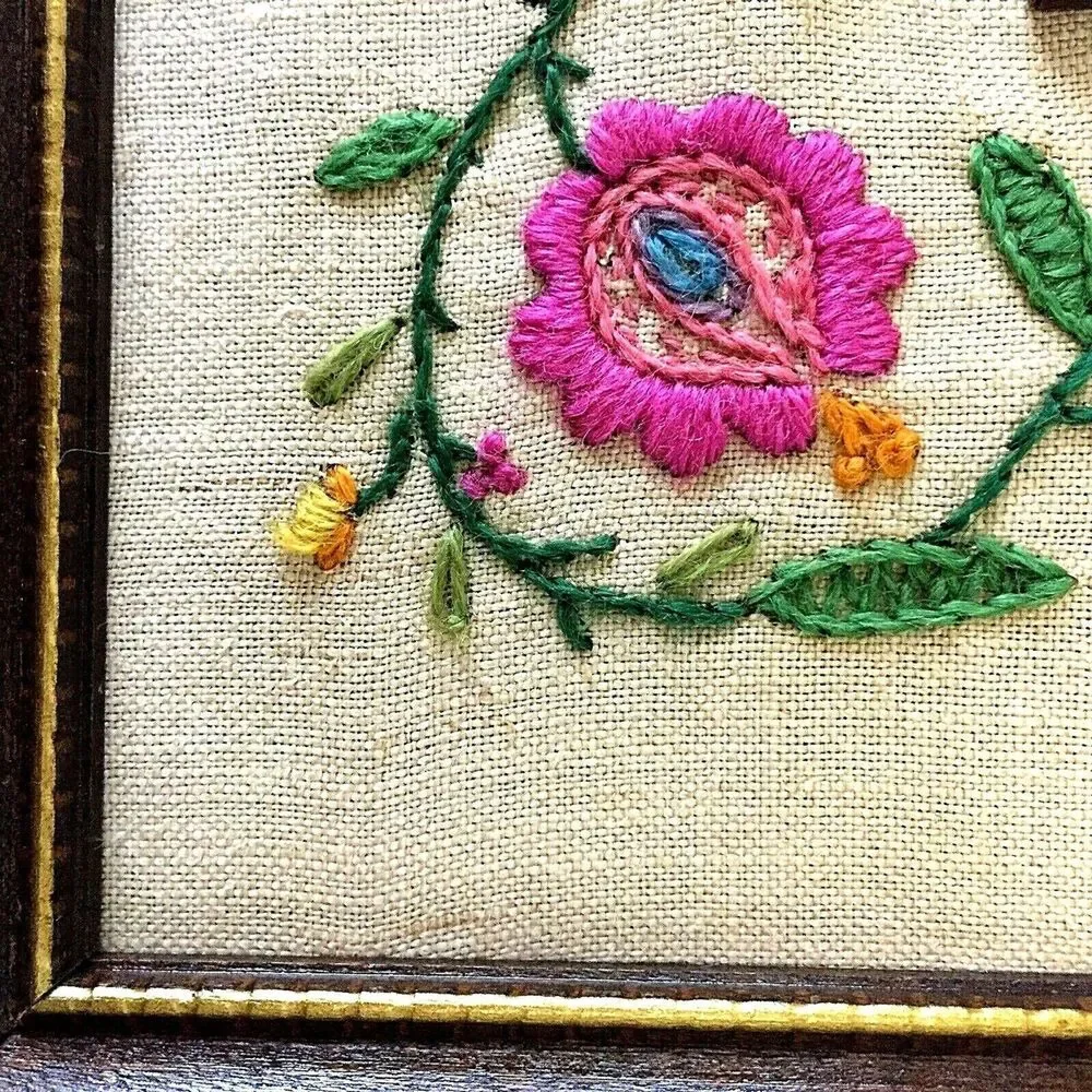 Antique Framed Mirror Crewel Embroidery Jacobean Sampler Linen Wool Floral Bird